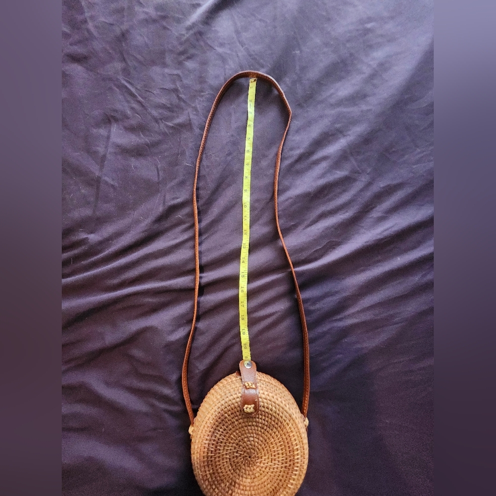 Round Woven Crossbody Bag with Brown Strap